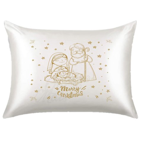 Fronha de Cetim Personalizada Presépio Dourado Natal Cute 1