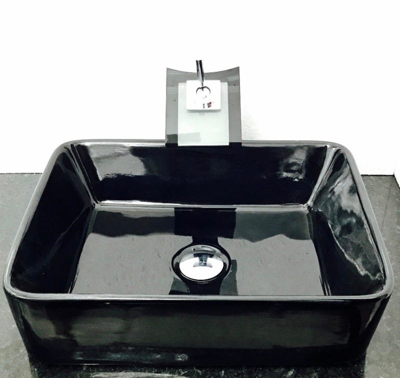 Kit com cuba louça retangular preta,válvula,torneira e sifão - 1