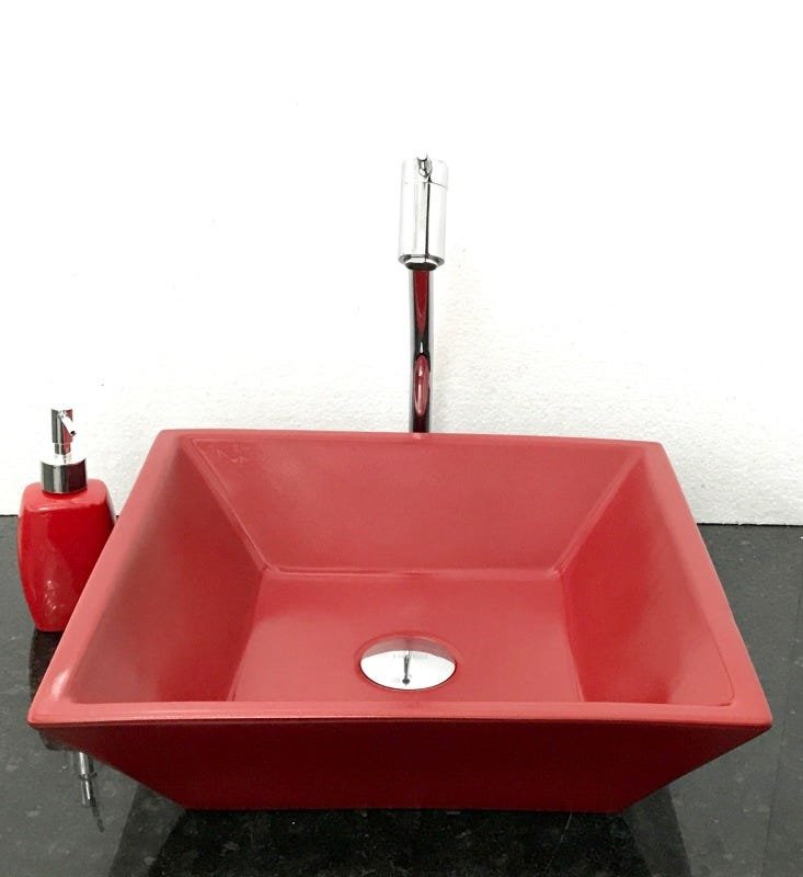Kit cuba louça vermelha quadrada,válvul,torneir,sifão e sabo - 1