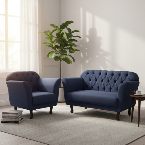 Kit Namoradeira + 1 Poltrona Decorativa Dália Suede Azul Marinho Pés Madeira Mz Decor