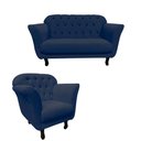 Ver imagem 3 de Kit Namoradeira + 1 Poltrona Decorativa Dália Suede Azul Marinho Pés Madeira Mz Decor