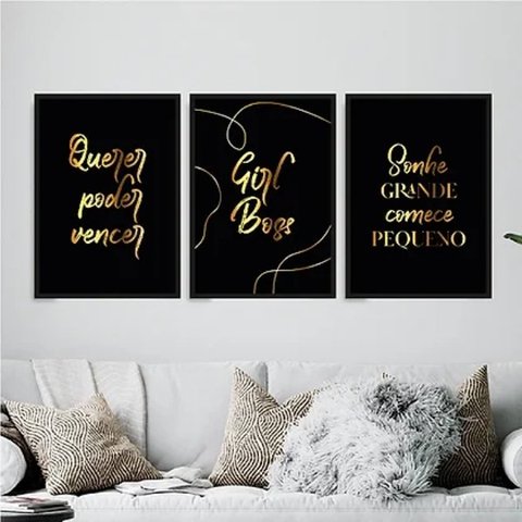 Kit 3 Quadros Poder Querer Vencer 45x34cm - com vidro:Madeira branca