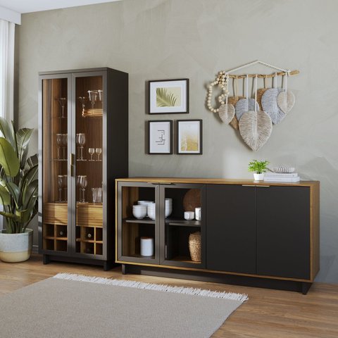 Conjunto Cristaleira 2 Portas de Vidro Guanabara com Led e Buffet Sala de Jantar 4 Portas Vitória