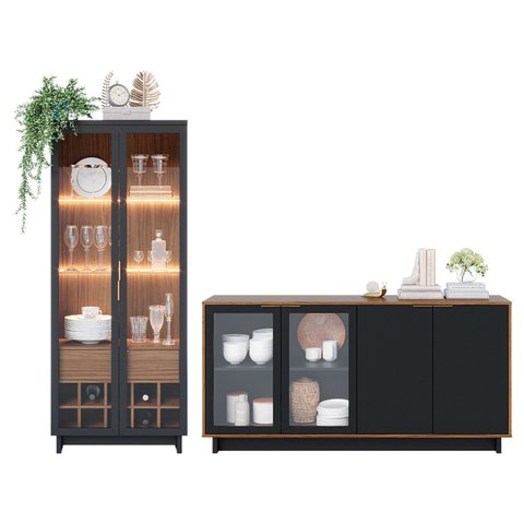 Conjunto Cristaleira 2 Portas de Vidro Guanabara com Led e Buffet Sala de Jantar 4 Portas Vitória