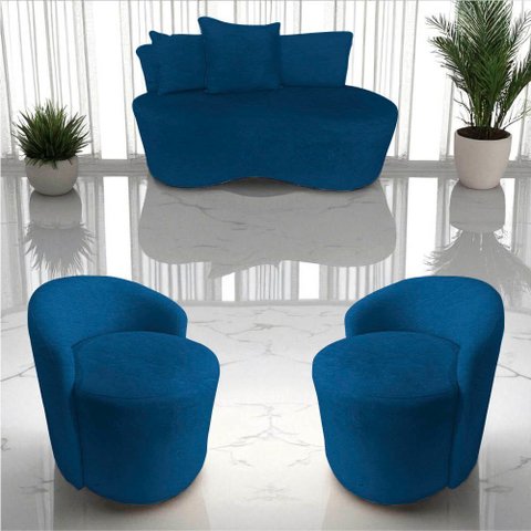 Kit Namoradeira + 2 Poltronas Yara Orgânica Couro Azul Marinho