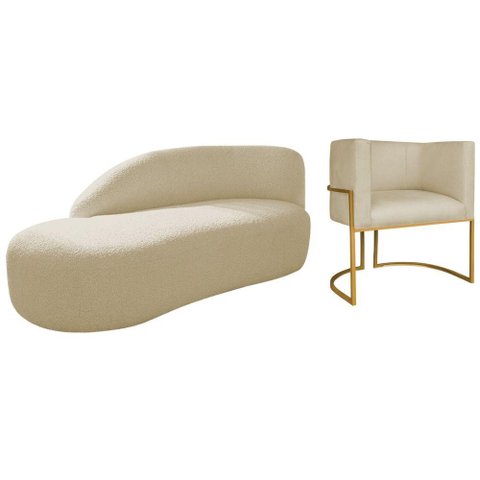 Kit Divã Luna 140cm Lado Esquerdo e 01 Poltrona Base de Ferro Dourado Suede Cor Bege