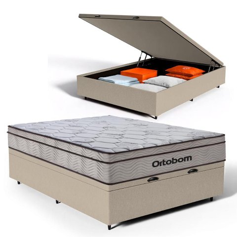 Cama Box Baú com Colchão Ortobom de Molas Ensacadas Pillow In Pro Vida Casal 138cm