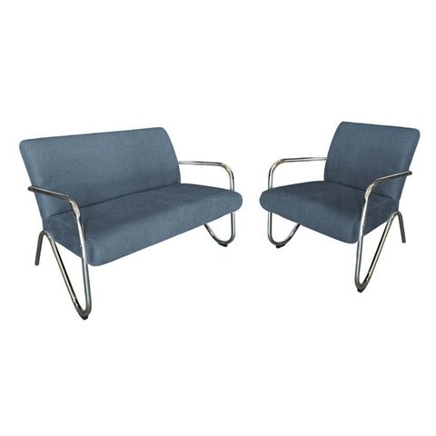 Kit Namoradeira + Poltrona Decorativa Bela Linho Azul Marinho Braço Cromado
