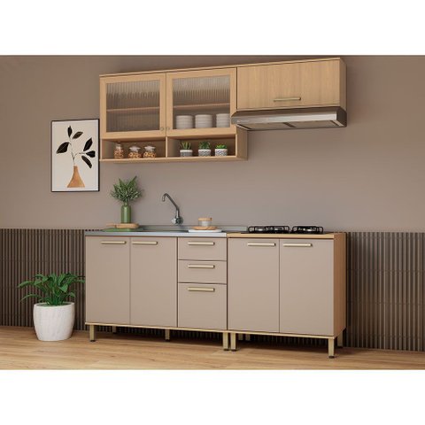 Cozinha Compacta 100 Mdf 4 Peças Vidro Canelado 200cm Duna Luciane Móveis