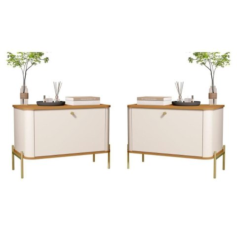 Conjunto Mesa de Cabeceira Albania Off White Nature Dourado
