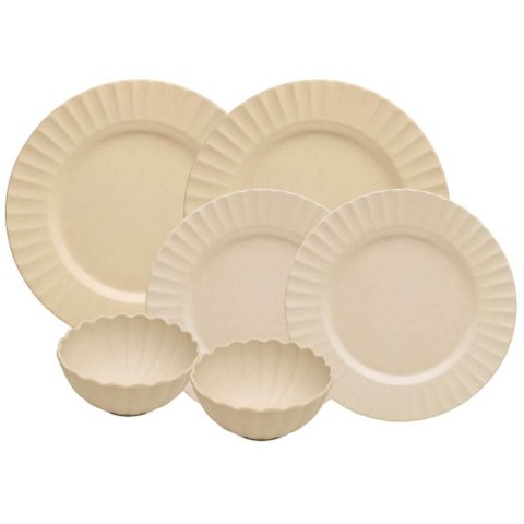Jogo 6 Peças Pratos Raso Sobremesa Bowls Bege Melamina Lyor Mesa Posta Buffet Servir