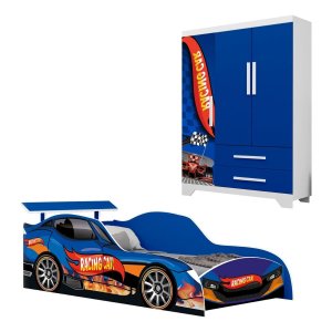 Jogo de Quarto Carro Infantil Cama e Guarda Roupas Meninos:azul
