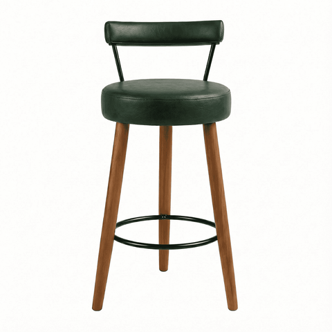 Banqueta Alta 60 Cm Estofada Corino Verde com Encosto Retrô Pé Palito P/ Cozinha Área Gourmet Balcão