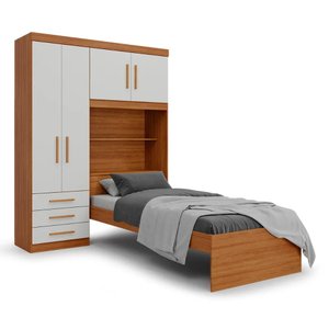 Conjunto Roupeiro Guarda Roupa de Solteiro Off White com Cama Cabeceira com Baú Av