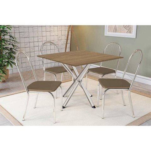 Conjunto: Mesa Sala Jantar Volga C/ Tampo de Madeira 90cm e 4 Cadeiras Noruega Cromado/nogueira -