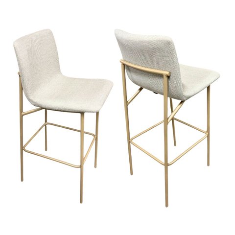 Kit 2 Banquetas Lisa Estofada Altura 65cm em Linho Pé Aço Dourado Fosco