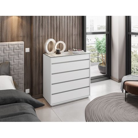 Cômoda 5 Gavetas com Organizador Tampo em Vidro Belize Branco - Rede Móveis