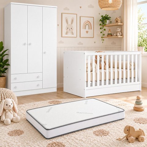 Kit Quarto de Bebê Doce Sonho com Berço Mini Cama Guarda Roupa 3 Portas e Colchão D18 130x70 Movellu