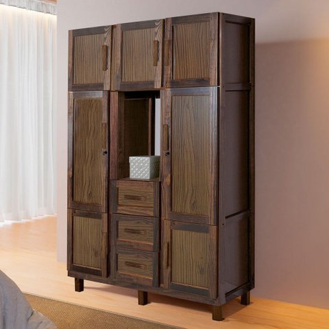 Guarda-roupa Solteiro Belém Madeira Maciça 7 Portas 3 Gavetas 4 Prateleiras com Espelho Imbuia Natur