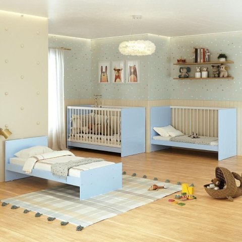 Berço 3 em 1 para Colchão 60 X 130 Cm Multimóveis Mp0527g - Azul/branco