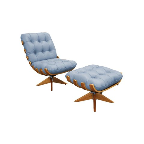 Poltrona e Puff de Couro Costela Wood - Light Blue - Mempra