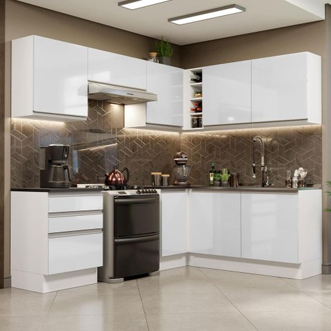 Armário de Cozinha Completa de Canto 100% MDF 409cm Frentes Branco Brilho Acordes Madesa 01