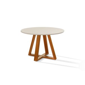Mesa de Jantar Bela Redonda Tampo Vidro/MDF E Pés Madeira