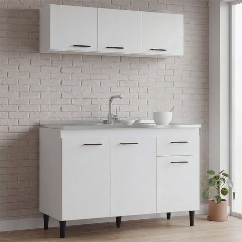 Armário de Cozinha CP01 com Pia Inox Classic P11 Branco - Mpozenato