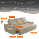 Ver imagem 3 de Sofá Retrátil Reclinável 3 Lugares 2,10m com Porta Copos e Usb Hannah Suede Bege Adonai Estofados