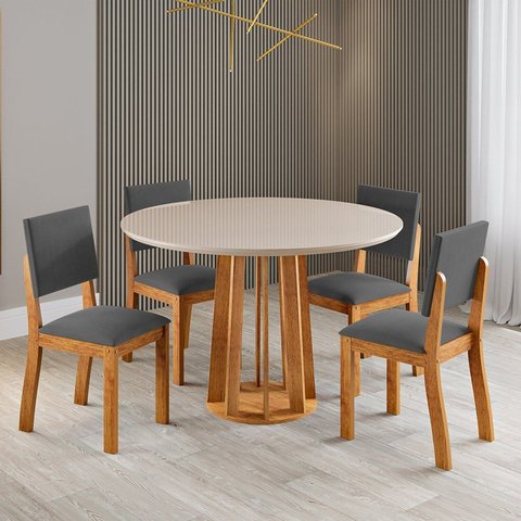 Conjunto Sala de Jantar 4 Lugares Redondo Tampo de Vidro MDF Fiora Cinza/Mel/Off White