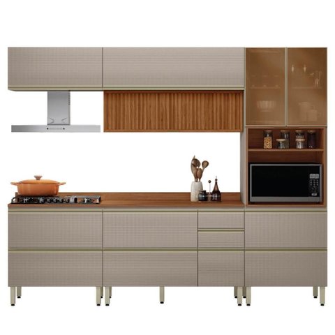 Cozinha Modulada Proença 5 Peças com Aéreo 120cm Ripado Nogueira Touch/nude Prime Tx - Demartêz