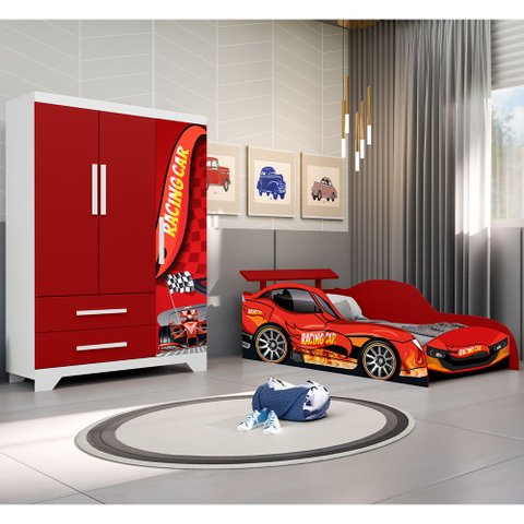 Jogo Quarto Infantil Carro Vermelho Cama e Guarda Roupa para Menino Criança Moderno Completo