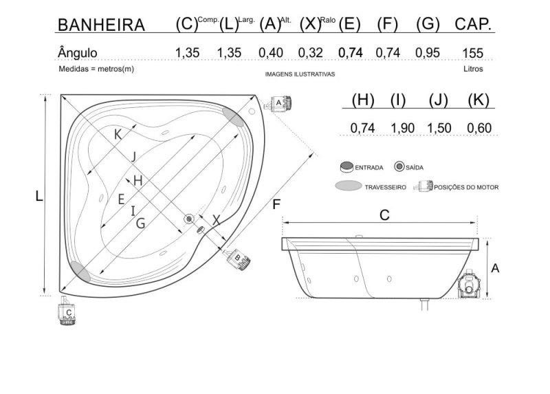 Banheira de Hidromassagem Angulo Dupla 1,35x1,35x0,40 Acrilico-Completa - 5