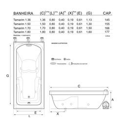 Banheira de Hidromassagem Tamarim Individual 1,70x0,80x0,40 Gel Coat-Completa+Base Acoplada+Acionado - 6
