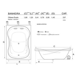 Banheira de Hidromassagem Ottawa Dupla 1,80x1,20x0,41 Gel Coat-Padrão - 6