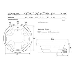 Banheira de Hidromassagem Samara Dupla 1,40x1,40x0,50 Gel Coat-Completa+Base Acoplada+Acionador - 5