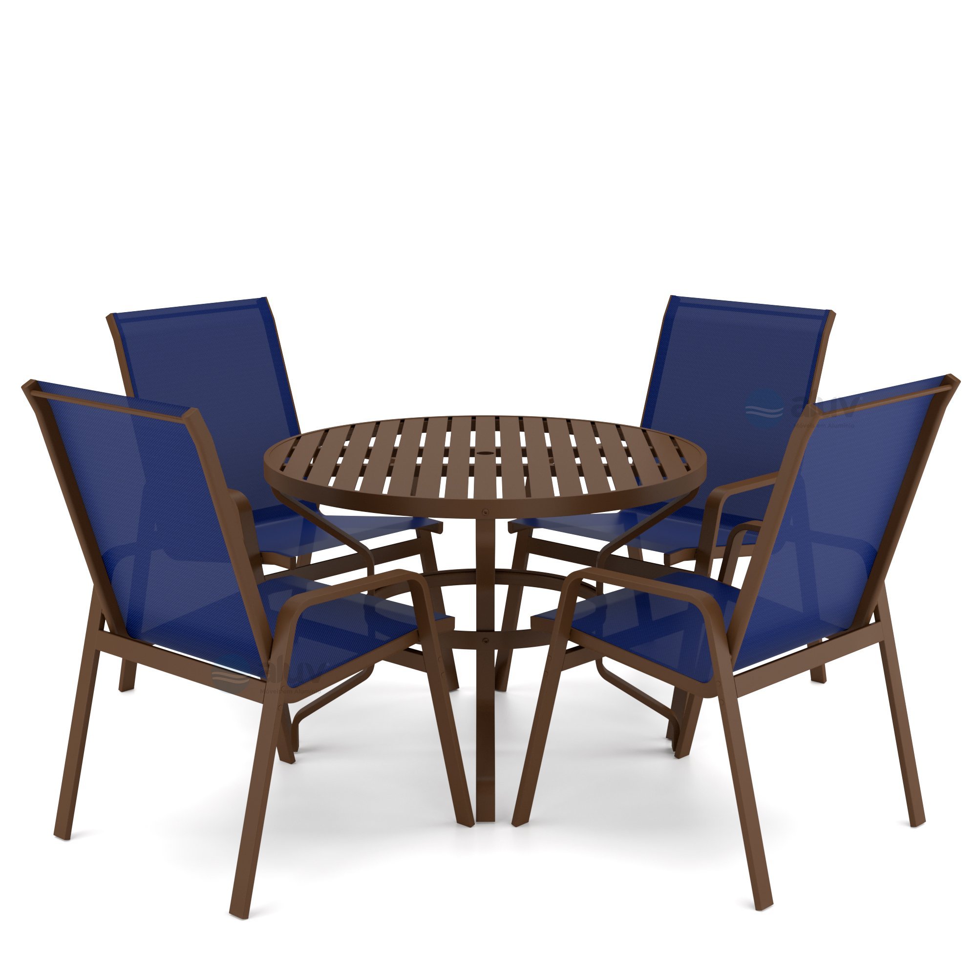 Mesa 4 cadeiras Ripado Piscina Alumínio Marrom e Tela Azul