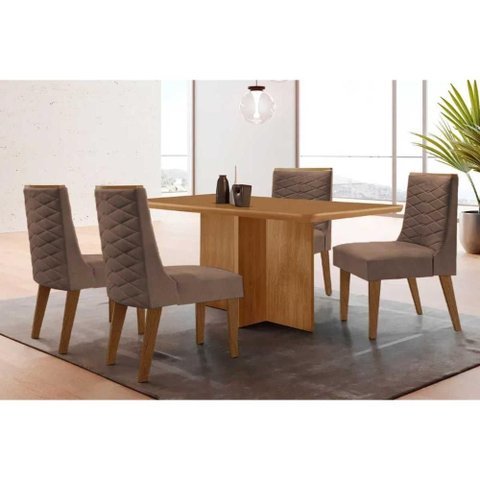 Conjunto: Mesa Sala Jantar Berlim Tampo Curvo 120cm+4 Cadeiras Dafne Madeira Naturale - Capuccino/