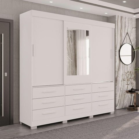 Guarda Roupa New Star 3 Portas 9 Gavetas com Espelho Salleto Branco