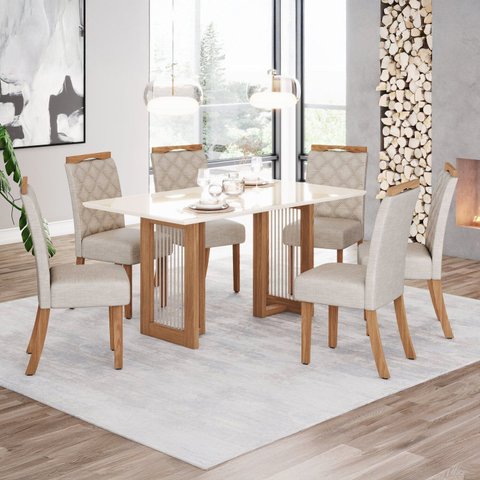 Conjunto Sala de Jantar Mesa Canto Reto com Vidro 6 Cadeiras Yara Off White/Nature/Linho