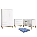 Ver imagem 1 de Dormitório Infantil Classic 3 Portas, Cômoda 3 Gavetas, Berço Branco com Pés Amadeirado e Colchão -