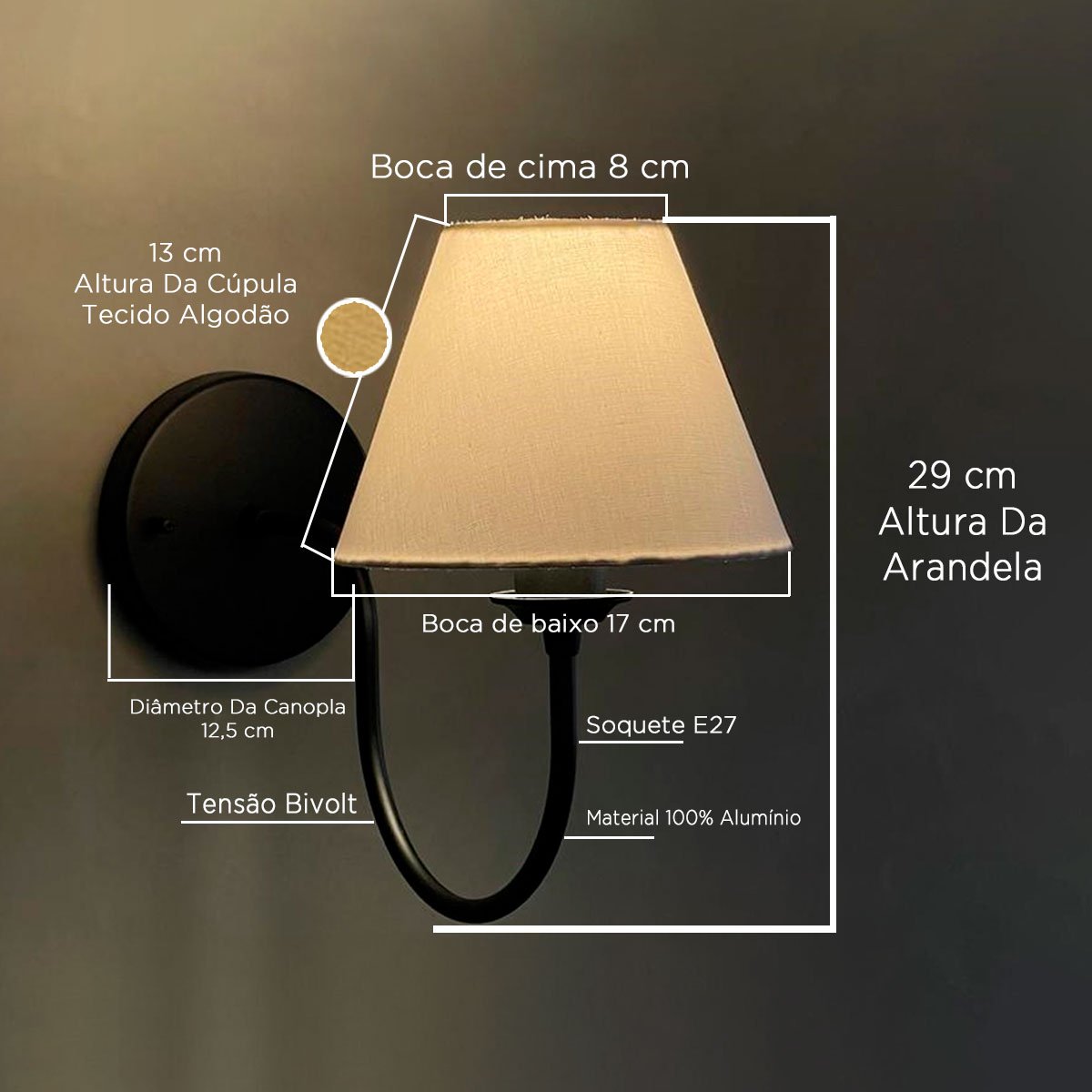 Arandela Luminaria Colonial Preta em Aluminio Bivolt com Cúpula Algodão - 3