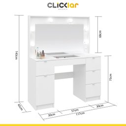 Penteadeira Camarim Com Espelho e Luzes 117 Cm Bianca 5 Gavetas MDP Branco - ClickLar - 4
