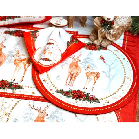 Kit Sousplat + Guardanapo Natal Cervos Nsw 6 Peças com Base
