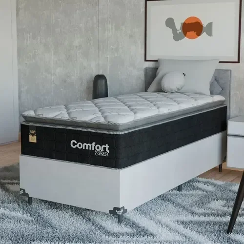 Cama Box Solteiro + Colchão Comfort Class Pillow Top 88x188 Preto/suede Branco