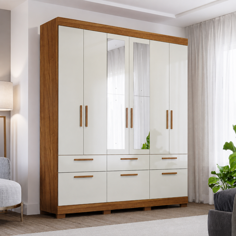 Guarda Roupa Lisboa 6 Portas de Bater 5 Gavetas Espelho MDF - Panan