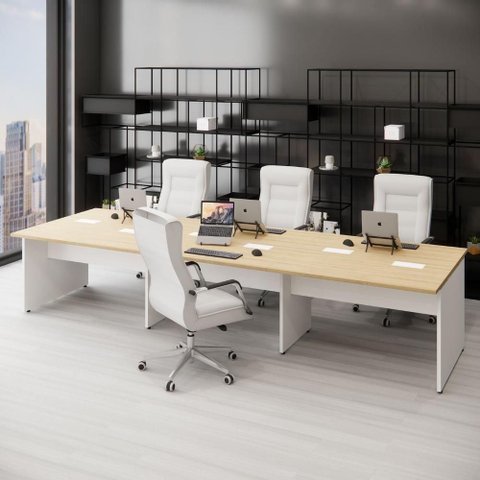 Plataforma de Trabalho 6 Lugares Pé Painel 360cm Macadâmia com Branco F5 Office