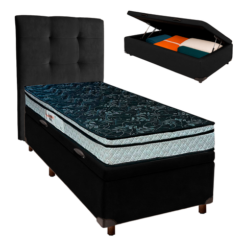 Kit Cabeceira + Cama Box Bau + Colchão Solteiro D28 Conforto Paropas