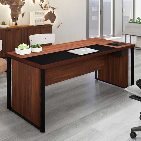 Mesa de Escritório Diretor com Caixa de Tomadas e Porta Objetos 180cm Corporate Louro Preto e Preto Marrom