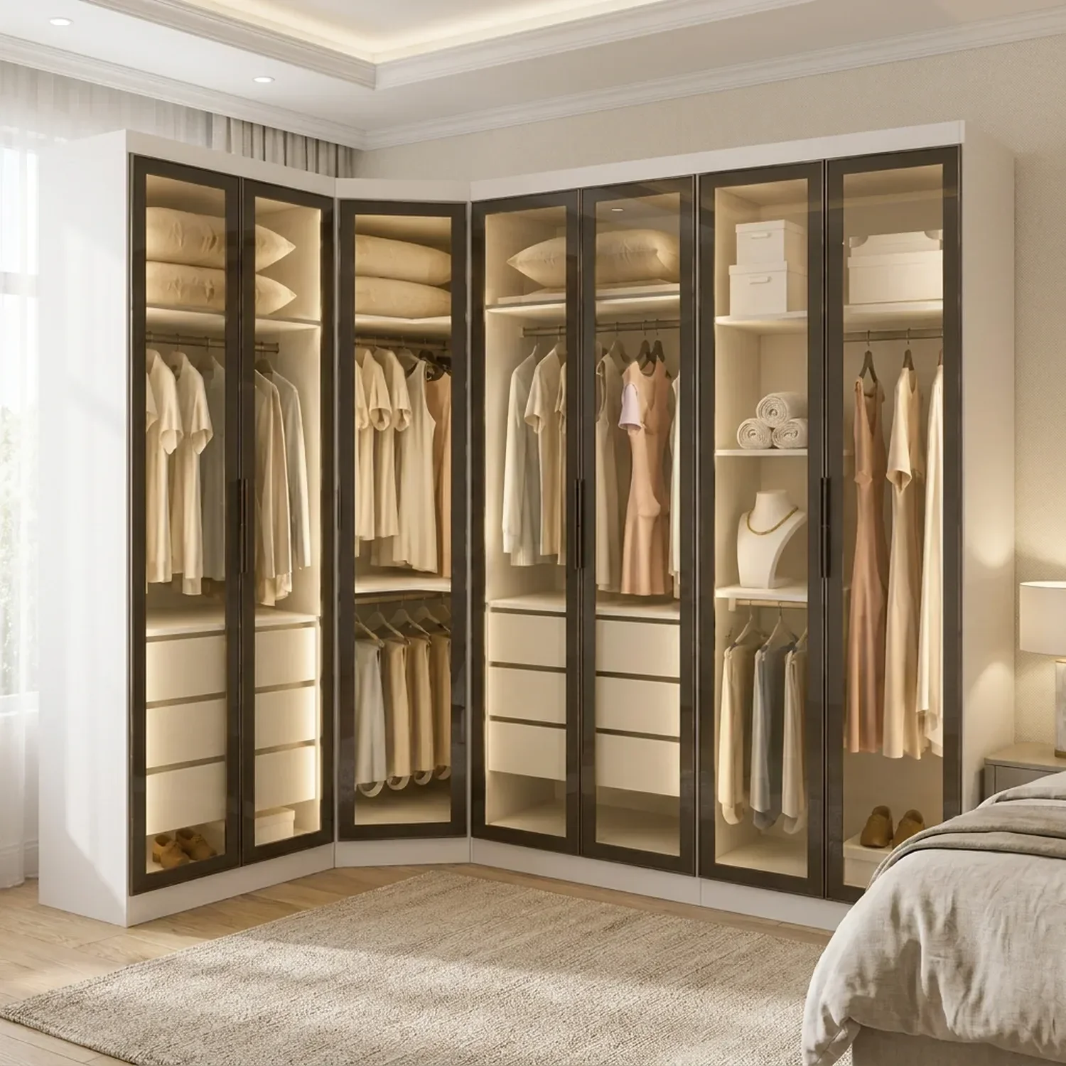 Guarda-Roupa Modulado Reflecta com LED Canto Oblíquo 7 Portas 6 Gavetas MDF Cairo Branco/Neve